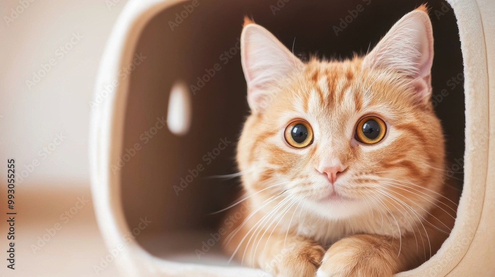 A curious orange tabby cat peeks out from its cozy pet house, showcasing its bright eyes and soft fur in a warm, inviting atmosphere. A curious orange tabby cat peeks out from its cozy pet house, showcasing its bright eyes and soft fur in a warm, inviting atmosphere.