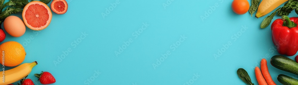 Colorful arrangement of fresh fruits and vegetables on a vibrant blue background, perfect for healthy lifestyle themes. Colorful arrangement of fresh fruits and vegetables on a vibrant blue background, perfect for healthy lifestyle themes.
