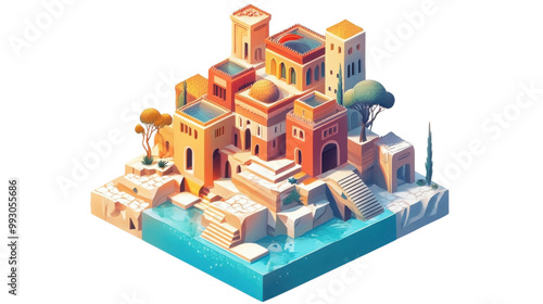 Colorful village with water backdrop transparent background