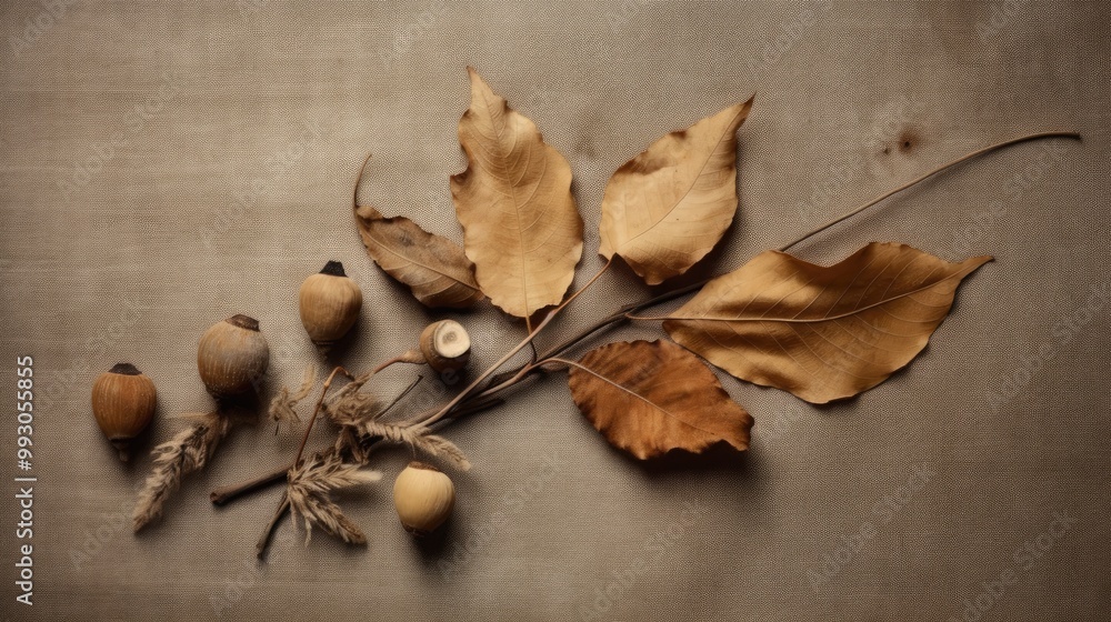 A minimalist autumn arrangement of dried leaves and acorns on neutral background. A minimalist autumn arrangement of dried leaves and acorns on neutral background.