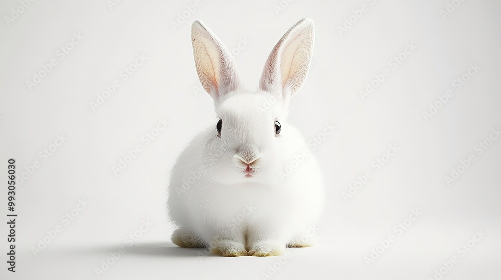 Fototapeta premium fluffy white rabbit sitting with ears up, isolated on white background 