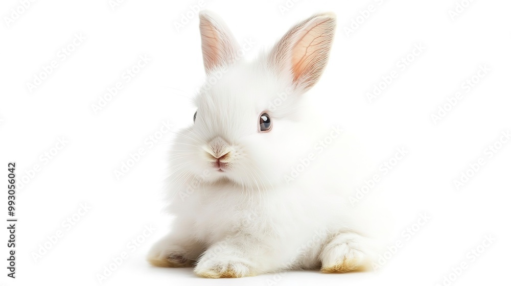 fluffy white rabbit sitting with ears up, isolated on white background fluffy white rabbit sitting with ears up, isolated on white background