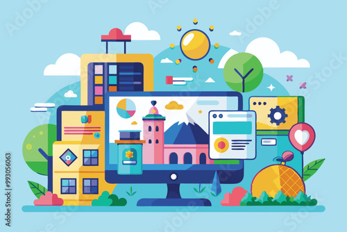 A colorful digital illustration featuring buildings, nature, and a computer displaying a scenic view, Customizable semi-flat illustrations for microsites.