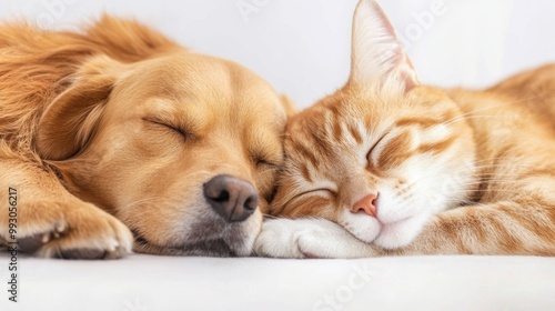 A peaceful scene of a sleeping dog and cat cuddled together, showcasing their harmonious relationship in a cozy environment.