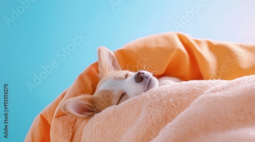 A peaceful sleeping puppy wrapped in an orange blanket, resting comfortably against a soft background, evoking warmth and tranquility. photo