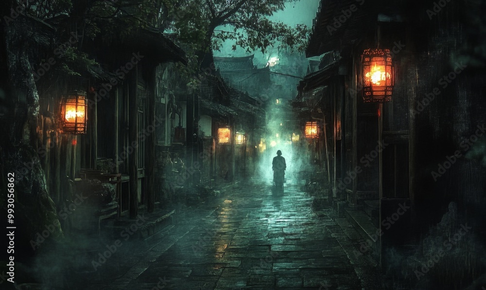 Silhouette walks down foggy, lantern-lit alleyway. Silhouette walks down foggy, lantern-lit alleyway.