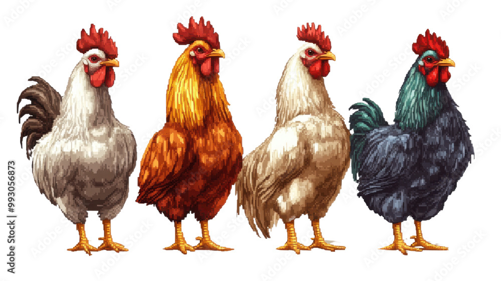Four colorful chickens, white isolate background transparent background Four colorful chickens, white isolate background transparent background