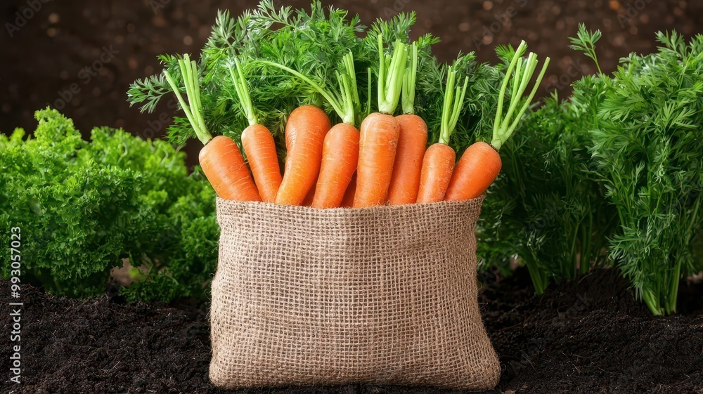 Burlap sack holding fresh carrots, with green tops visible, placed in a garden setting surrounded by agricultural plants