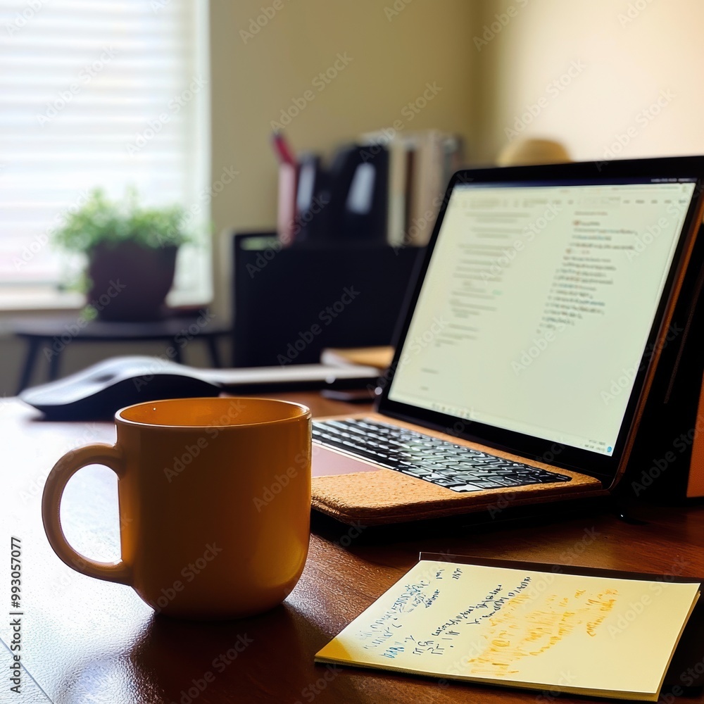 Cozy Remote Work Setup with Laptop and Coffee Mug Cozy Remote Work Setup with Laptop and Coffee Mug