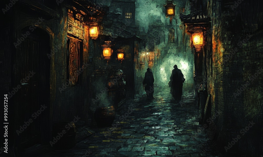 Fototapeta premium Two figures walk down a dark, cobblestone street.