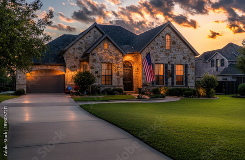 A beautiful two-story home in Texas, with an American flag hanging on the front of it. photo