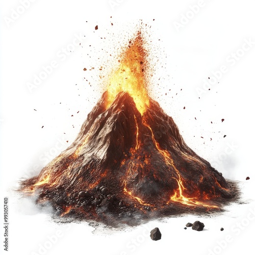 With lava and smoke flowing from it, a majestic volcano shows off the beauty and power of nature. Transparent background.