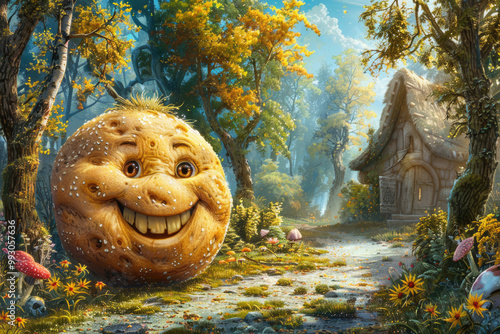 A funny depiction of Kolobok, the mischievous round bread character from Russian folklore, rolling with joy
