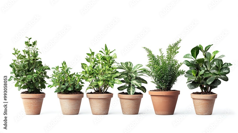 collection of ornamental plants in pots over white background collection of ornamental plants in pots over white background