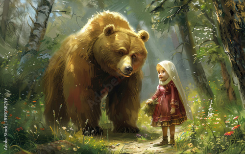 Masha and the Bear, a playful duo from Russian folklore, sharing a charming and heartwarming moment