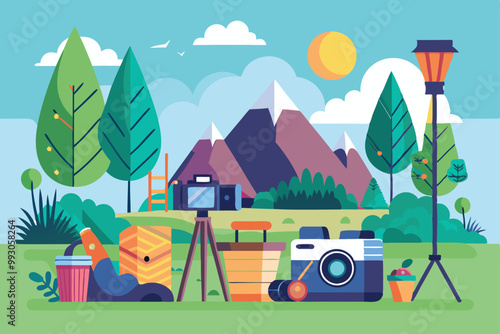 A collection of customizable outdoor photography tools set against a scenic mountain backdrop, Customizable semi flat illustrations for outdoor photoshoots.