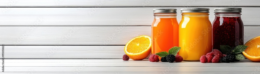 Vibrant jars of fruit jam and juice with fresh berries and citrus on a wooden surface, perfect for a healthy lifestyle. Vibrant jars of fruit jam and juice with fresh berries and citrus on a wooden surface, perfect for a healthy lifestyle.