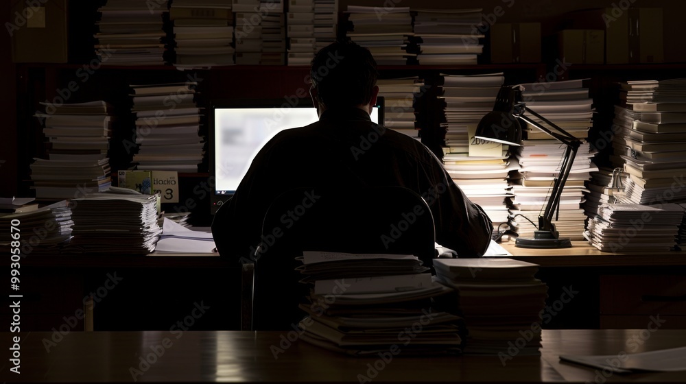 Exhausted Office Worker Struggling Late into the Night, surrounded by stacks of papers and computer screen, long workplace hours, professional work environment, depressing ambience and atmosphere. Exhausted Office Worker Struggling Late into the Night, surrounded by stacks of papers and computer screen, long workplace hours, professional work environment, depressing ambience and atmosphere.
