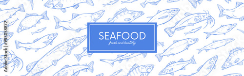 Design of seafood restaurant web banner in hand drawn style. Template of horizontal poster with vintage patterns of different species of sea, lake fishes. Detailed outline vector illustration