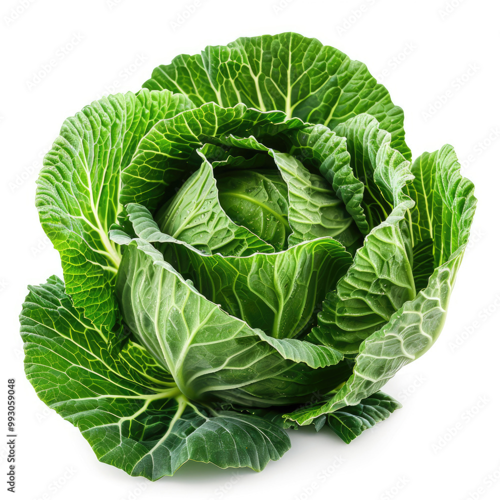 Fototapeta premium A head of young green cabbage isolated on a white background, showcasing its fresh, leafy texture