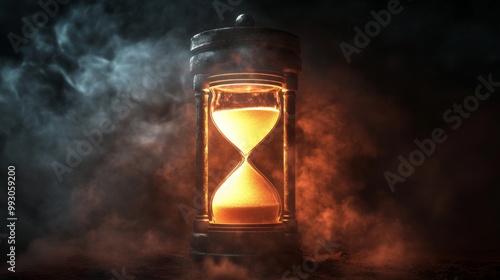 The hourglass is a symbol of the passing of time, glowing in flames