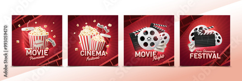 Cinema square card set in realistic style