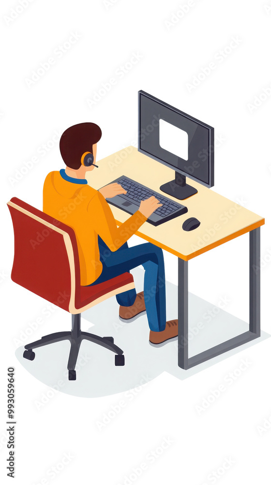 Man working at desk with laptop, isolated view transparent background Man working at desk with laptop, isolated view transparent background