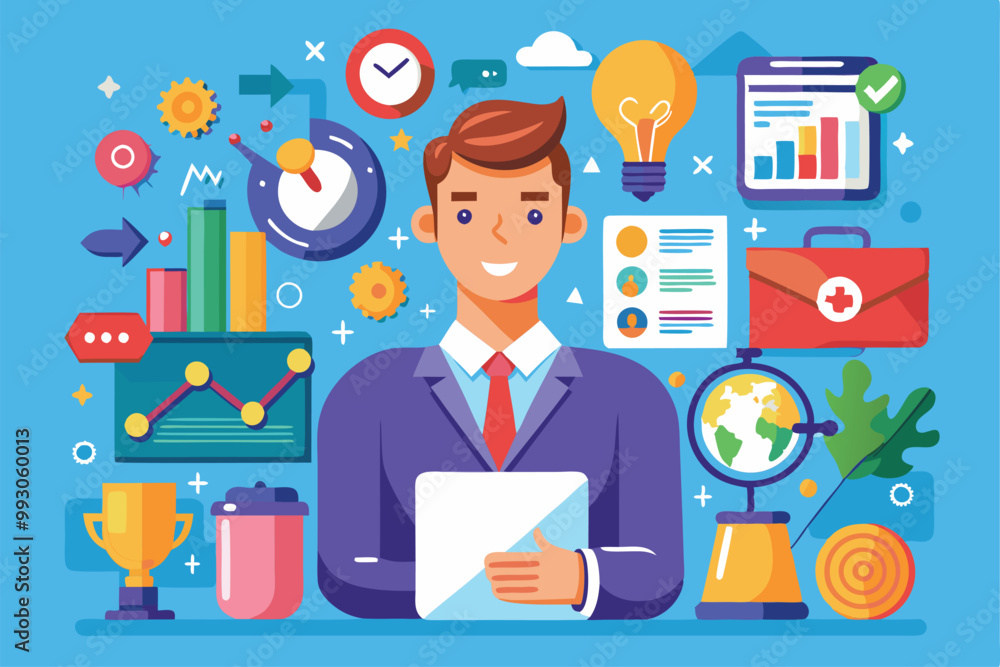 A professional in a suit engages with a tablet surrounded by graphics of charts and icons representing strategy, Customizable semi-flat illustrations for strategic consulting. A professional in a suit engages with a tablet surrounded by graphics of charts and icons representing strategy, Customizable semi-flat illustrations for strategic consulting.