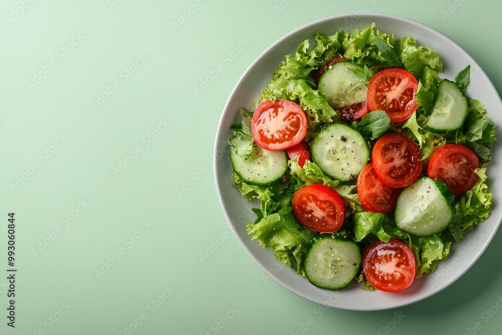 Fresh Salad with Tomatoes, Cucumbers, and Lettuce on a Green Background Fresh Salad with Tomatoes, Cucumbers, and Lettuce on a Green Background