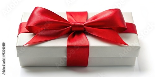 A closeup shot of a white gift box with a red ribbon bow tie on top captured from a wide horizontal long rectangle angle, present, rectangle, top view, medium shot, angle, wide photo