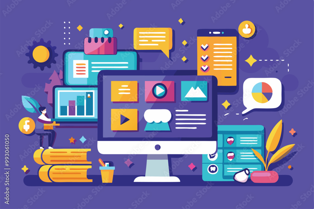 A collection of customizable illustrations depicts a vibrant digital workspace with various UI/UX elements, Customizable semi-flat illustrations for UI/UX design. A collection of customizable illustrations depicts a vibrant digital workspace with various UI/UX elements, Customizable semi-flat illustrations for UI/UX design.