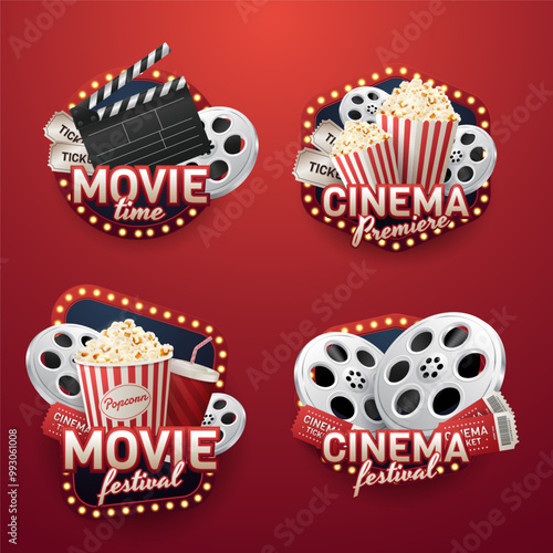 Collection of labels of cinema in realistic style