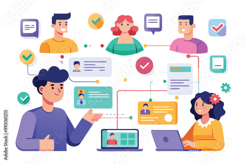 Diverse characters engage in a user flow activity within a digital interface, showcasing collaboration, Customizable semi-flat illustrations for user flow.