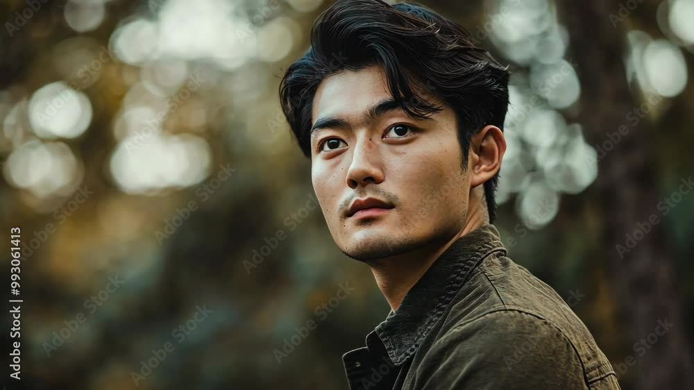 A man with dark hair and a serious expression looks off to the side in a forest A man with dark hair and a serious expression looks off to the side in a forest