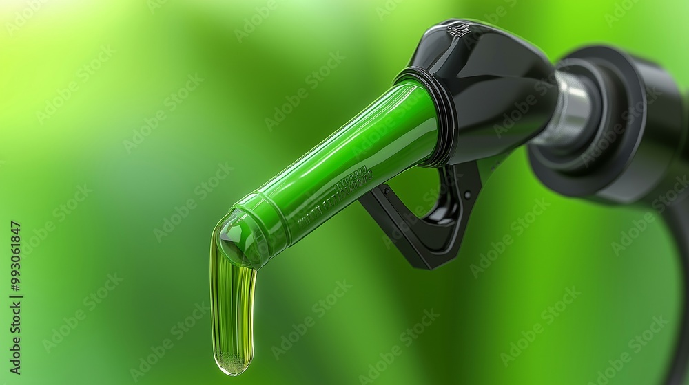 Eco-Friendly Green Fuel Pump with Black Handle and Drop of Oil on Green Background Eco-Friendly Green Fuel Pump with Black Handle and Drop of Oil on Green Background