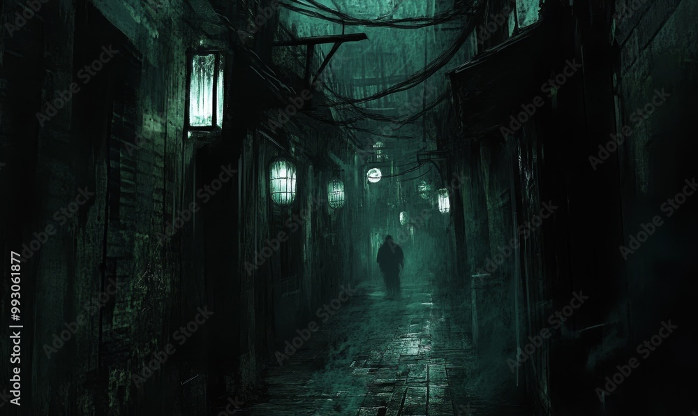 Obraz premium A shadowy figure walks down a dark, cobblestone alley.