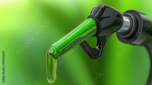 Eco-Friendly Green Fuel Pump with Black Handle and Drop of Oil on Green Background