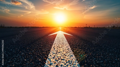 A long road leading to a bright sunrise, symbolizing a journey towards new opportunities and success. Perfect for motivational or inspirational content.
