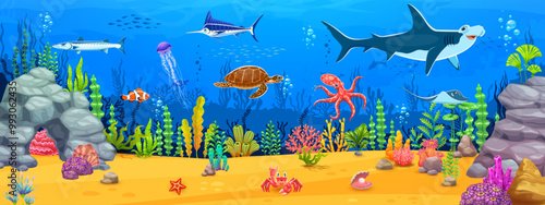 Cartoon underwater landscape, game background with sea animals like a shark, fish shoals and turtle, swordfish, octopus and jellyfish swimming between seaweeds. Vector seafloor wallpaper or game level