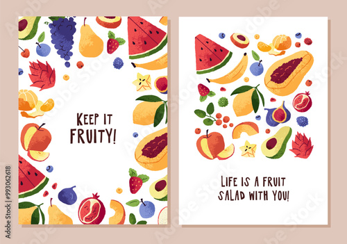 Wallpaper Mural Set of vertical cards with frame of different tropical fruit and berries. Collection of summer posters with phrase and border of watermelon, grape, banana, papaya, lemon. Flat vector illustrations Torontodigital.ca