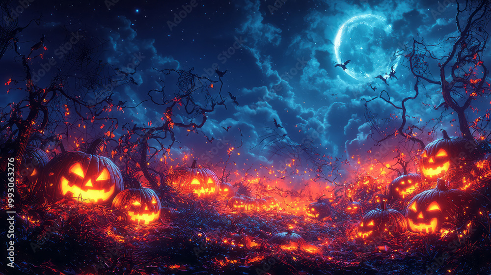 A supernatural Halloween scene of a pumpkin patch glowing in the moonlight, A supernatural Halloween scene of a pumpkin patch glowing in the moonlight,