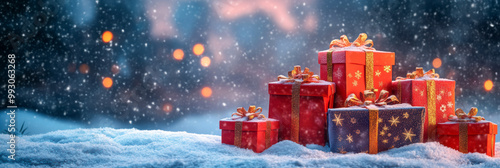 Red Christmas presents as panorama background