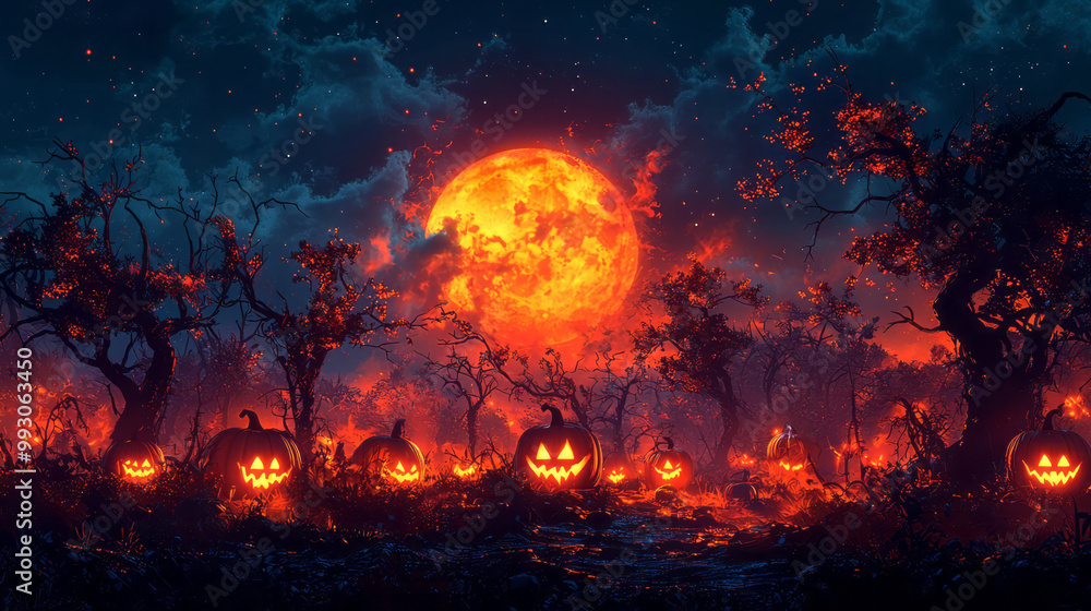A supernatural Halloween scene of a pumpkin patch glowing in the moonlight, A supernatural Halloween scene of a pumpkin patch glowing in the moonlight,