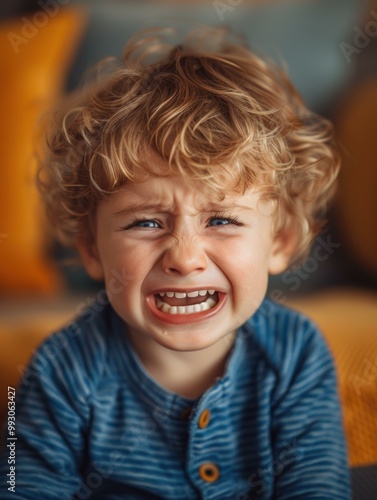 A young boy with curly blonde hair frowns and shows his teeth. AI.