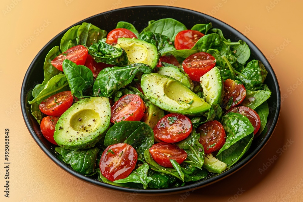 A Bowl of Fresh Avocado, Spinach, and Cherry Tomato Salad A Bowl of Fresh Avocado, Spinach, and Cherry Tomato Salad