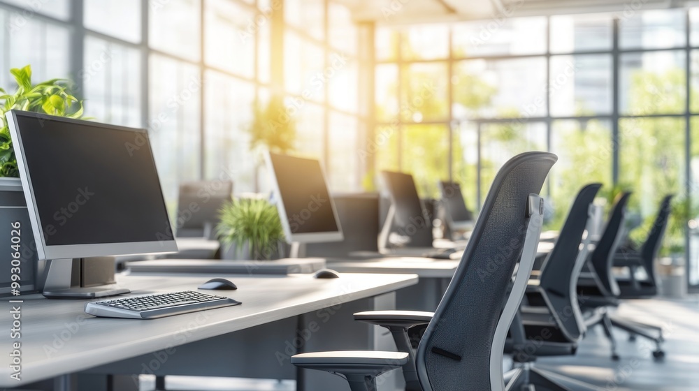 Fototapeta premium Modern office interior with computers and plants, designed for productivity and collaboration.