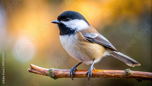 A close up view of a black capped chickadee perched on a branch captured from a unique worm s eye perspective, wildlife, black capped chickadee, colorful, close-up, fluffy, vibrant, outdoors