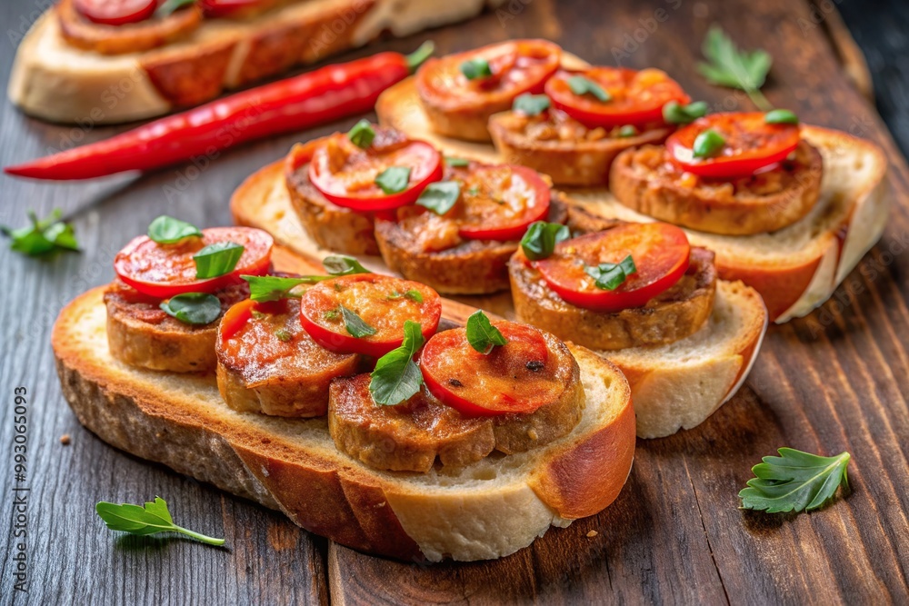 meal, snack, chili paste, gourmet, comfort food, spicy, hot, brunch, culinary, dinner,toast, Toasted bread slices topped with spicy chili paste and slices of savory chicken sausage meal, snack, chili paste, gourmet, comfort food, spicy, hot, brunch, culinary, dinner,toast, Toasted bread slices topped with spicy chili paste and slices of savory chicken sausage