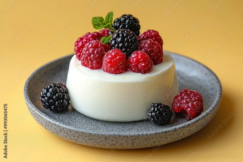 Creamy White Dessert Topped with Blackberries and Raspberries on a Gray Plate Creamy White Dessert Topped with Blackberries and Raspberries on a Gray Plate