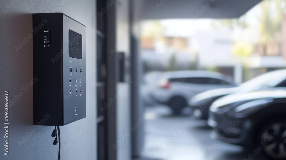 Close-Up of Energy Storage System in Modern Garage. Blurred Electric Vehicles and Solar Panels Background Close-Up of Energy Storage System in Modern Garage. Blurred Electric Vehicles and Solar Panels Background